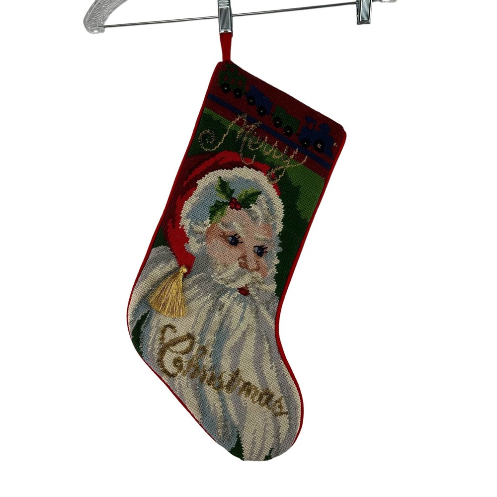 Needlepoint Santa Christmas Stocking Handmade Vintage Velvet Back Beaded